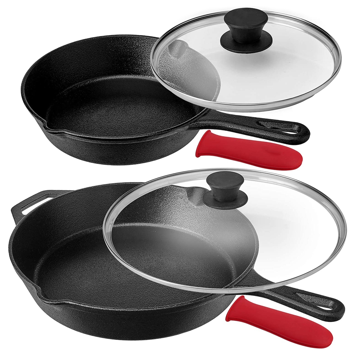 Picture of Megachef MCCI-460 6 Piece Pre-Seasoned Cast Iron Skillet Set with Lids & Red Silicone Holders
