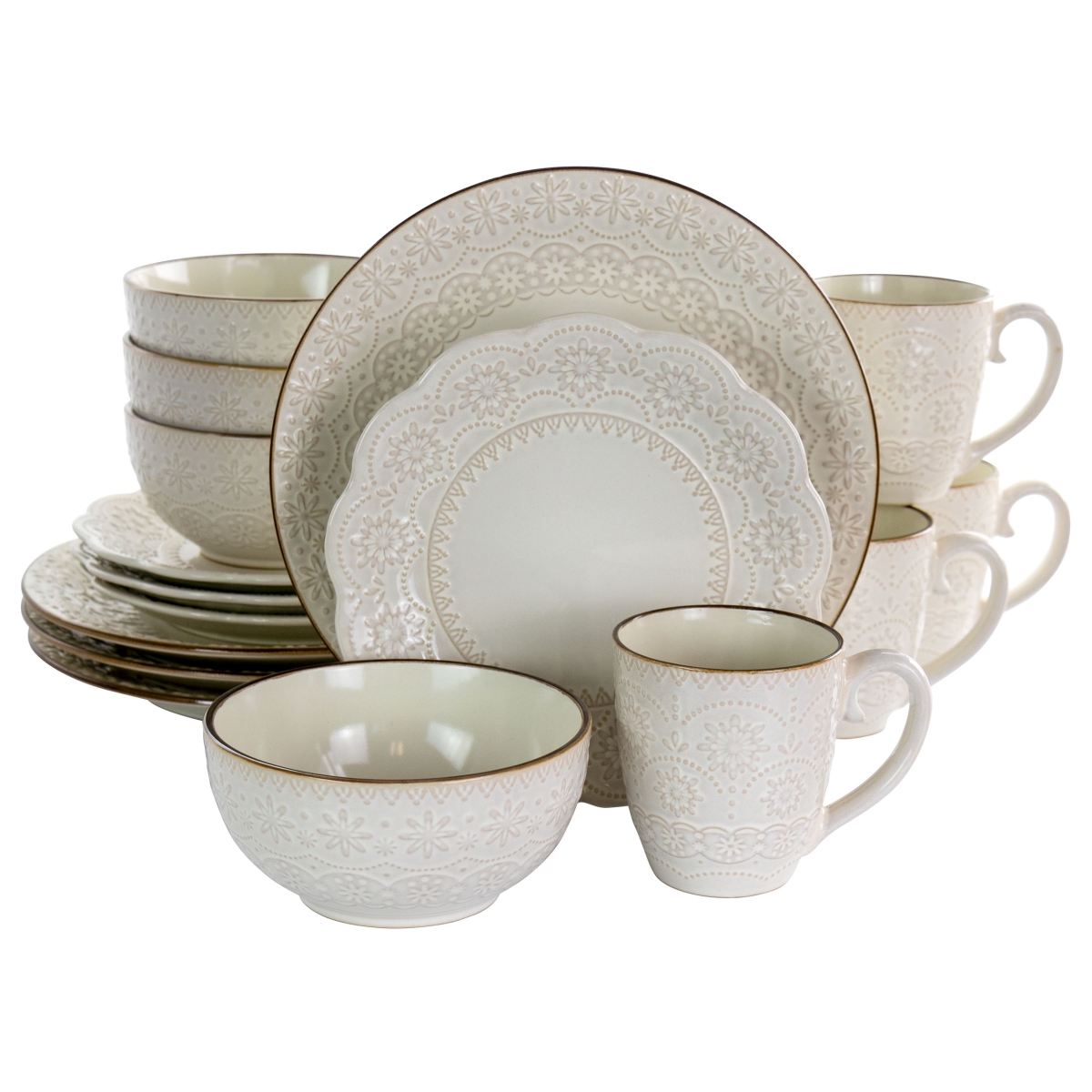 Picture of Elama EL-COUNTESS Countess Embossed Double Bowl Stoneware Dinnerware Set in Ivory - 16 Piece