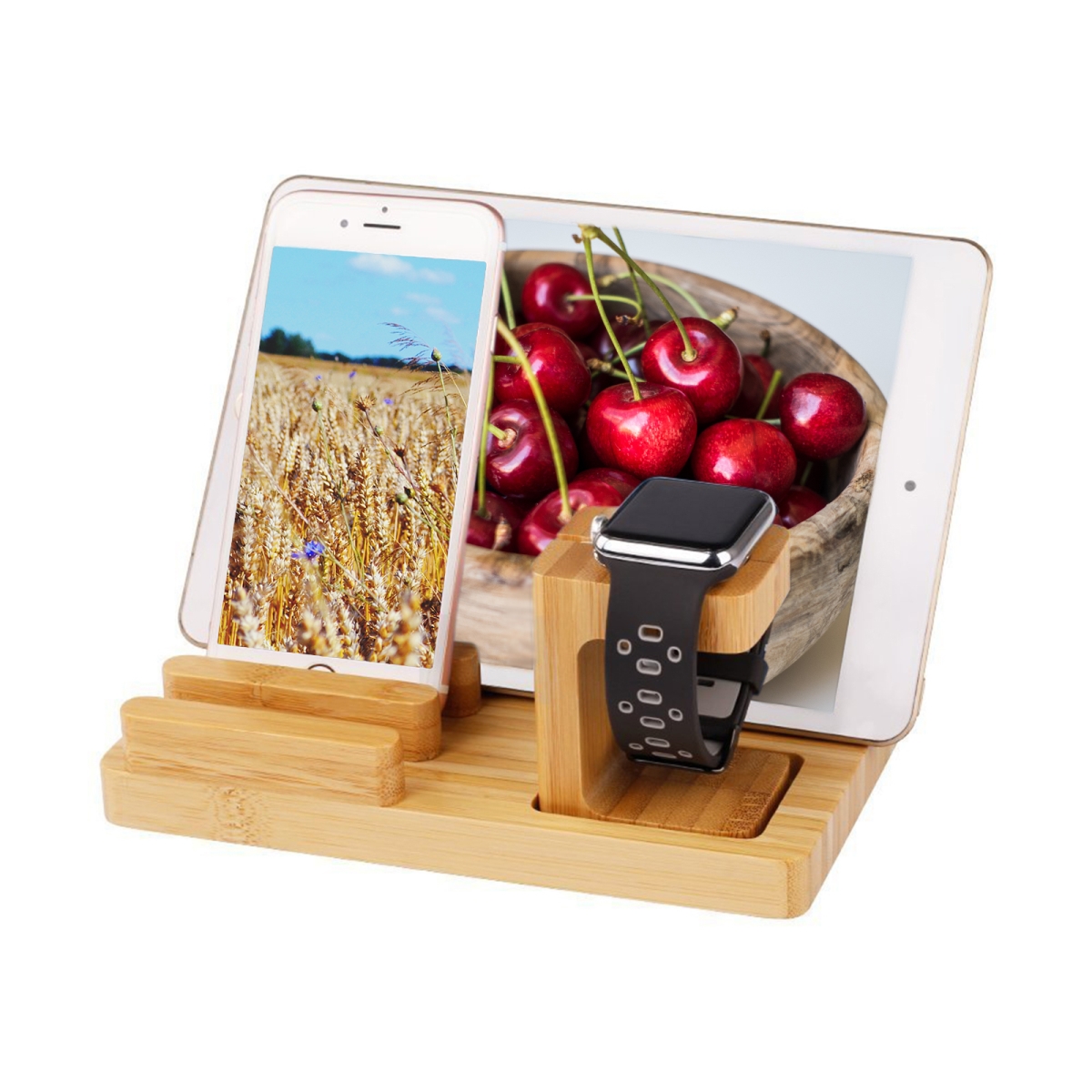 Picture of Trexonic TRX-1100WOOD Bamboo 4-Port Apple Watch & Iphone Charging Stand with 3 Device Slots & Pen Holder