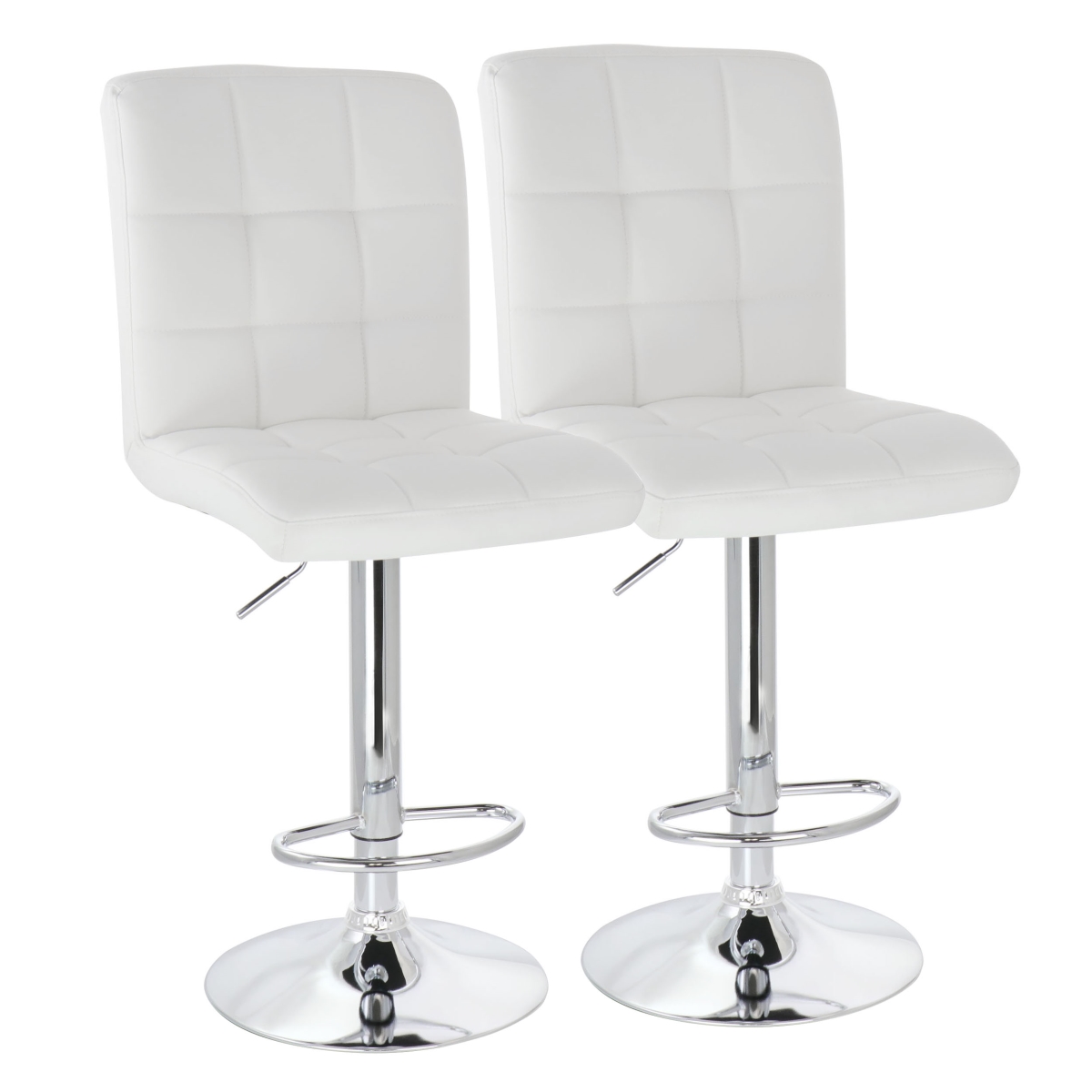 ELM-708-WHT Square Tufted Faux Leather Adjustable Bar Stool in White with Chrome Base - 2 Piece -  ELAMA