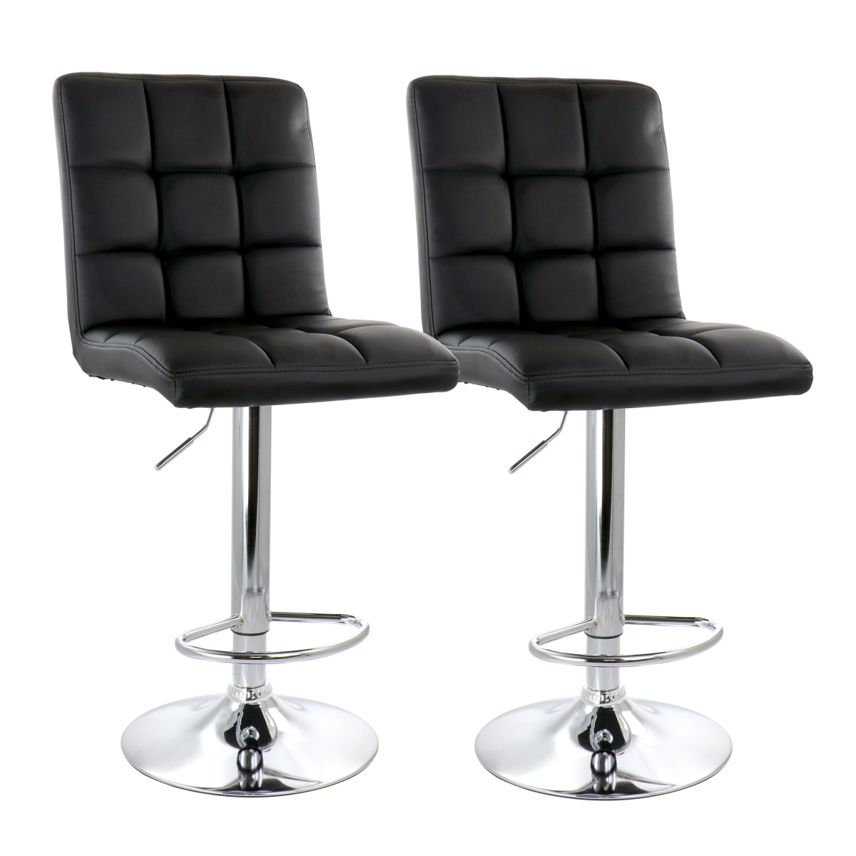 ELM-708-BLK Square Tufted Faux Leather Adjustable Bar Stool in Black with Chrome Base - 2 Piece -  ELAMA