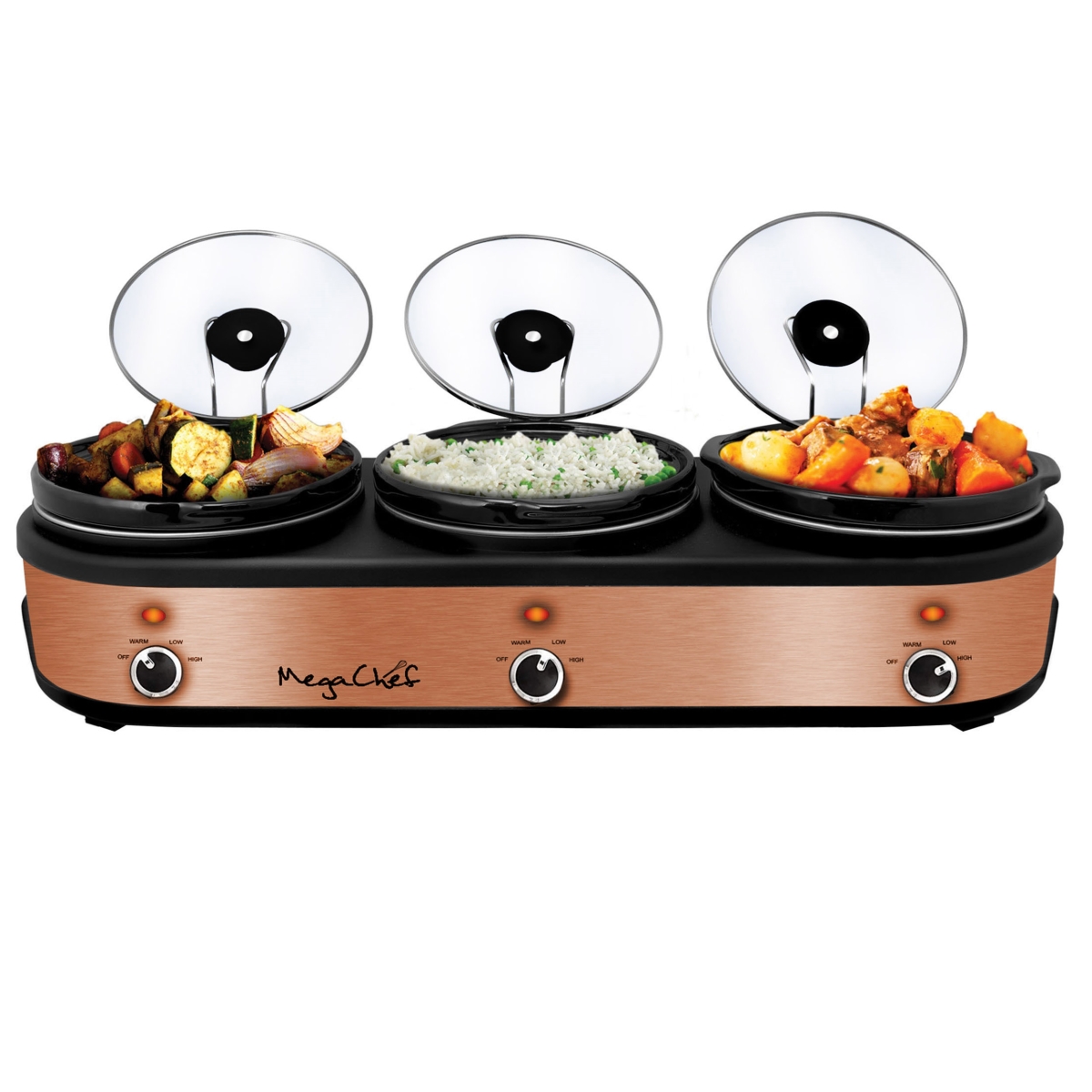 Picture of Megachef MC-1210 2.5 qt. Triple Slow Cooker & Buffet Server in Brushed Copper & Black Finish with 3 Ceramic Cooking Pots & Removable Lid Rests