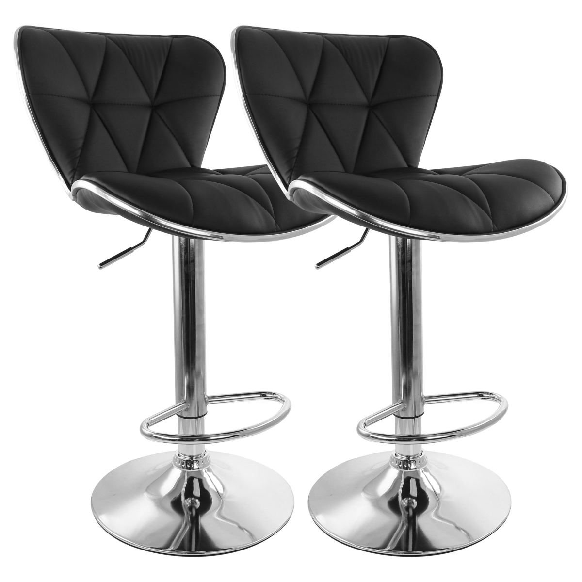 Tufted Faux Leather Adjustable Bar Stool, Black with Chrome Trim & Base - 2 Piece