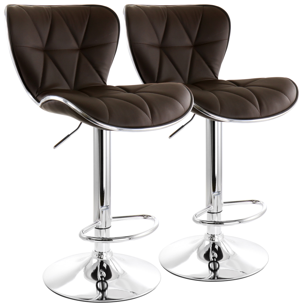 ELM-712-BROWN Diamond Tufted Faux Leather Adjustable Bar Stool with Chrome Trim & Base, Brown - 2 Piece