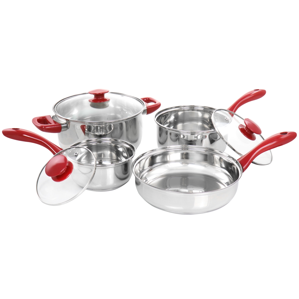 Picture of Gibson 127768.07 Crawson Stainless Steel Cookware Set with Red Handles, Chrome - 7 Piece