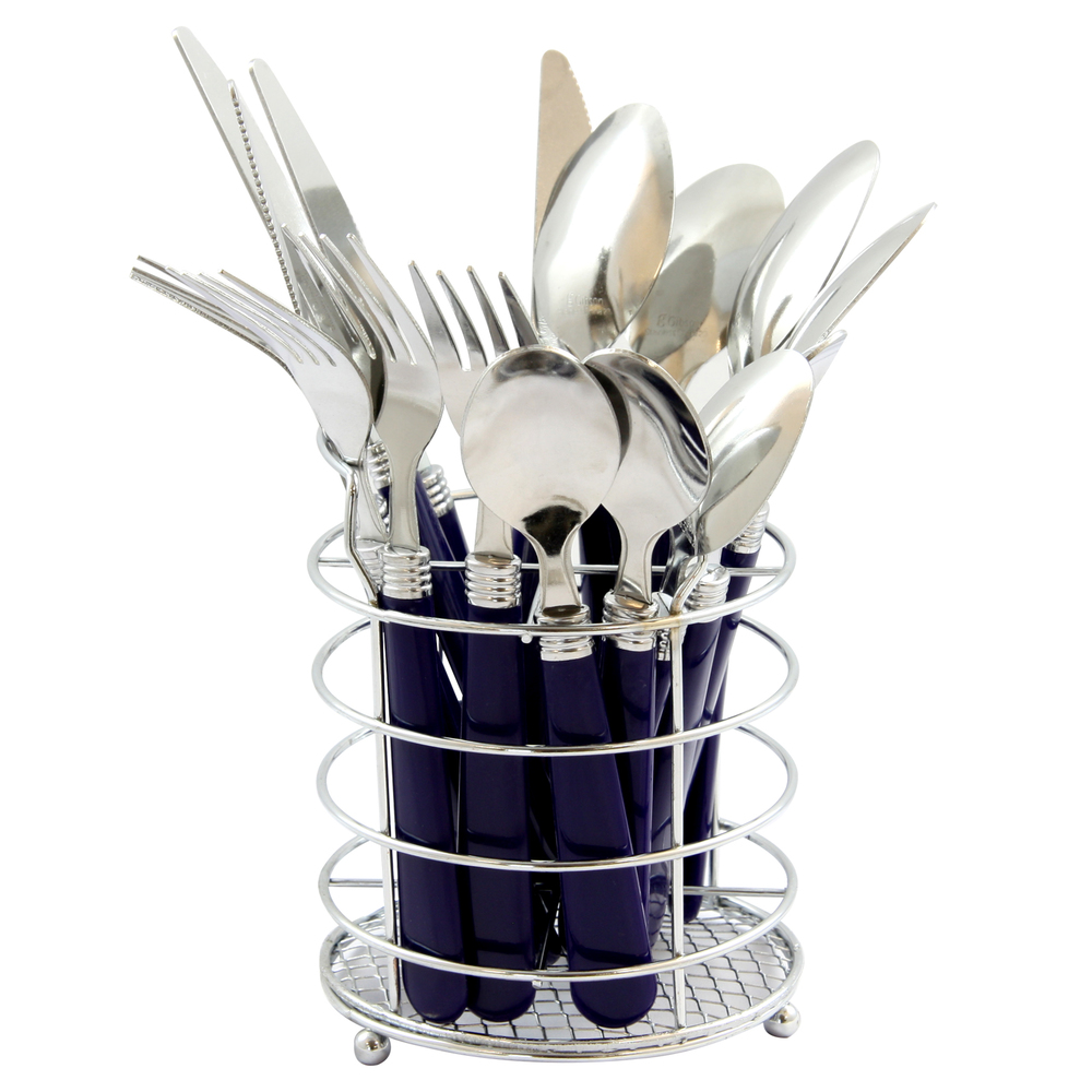 Picture of Gibson 53528.16 Sensations Ii 16 Piece Flatware Set With Cobalt Plastic Handle With Wire Caddy