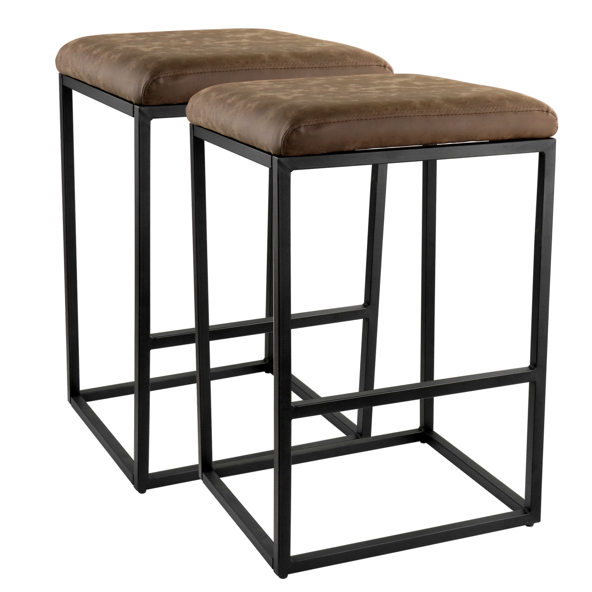 Faux Leather Bar Chair with Black Base, Brown - 2 Piece