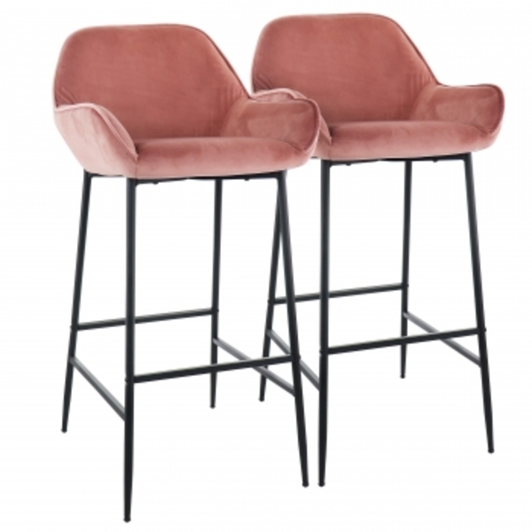 Velvet Bar Stool, Blush Pink with Black Legs - 2 Piece