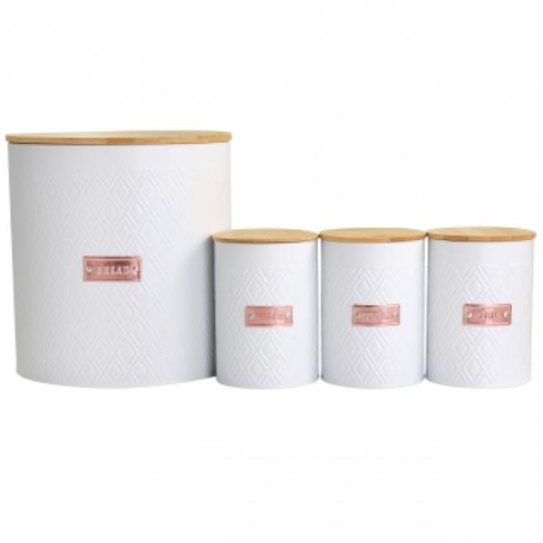 Picture of MegaChef MG-555 Kitchen Food Storage & Organization Argyle Canister Set with Bamboo Lids, White - 4 Piece
