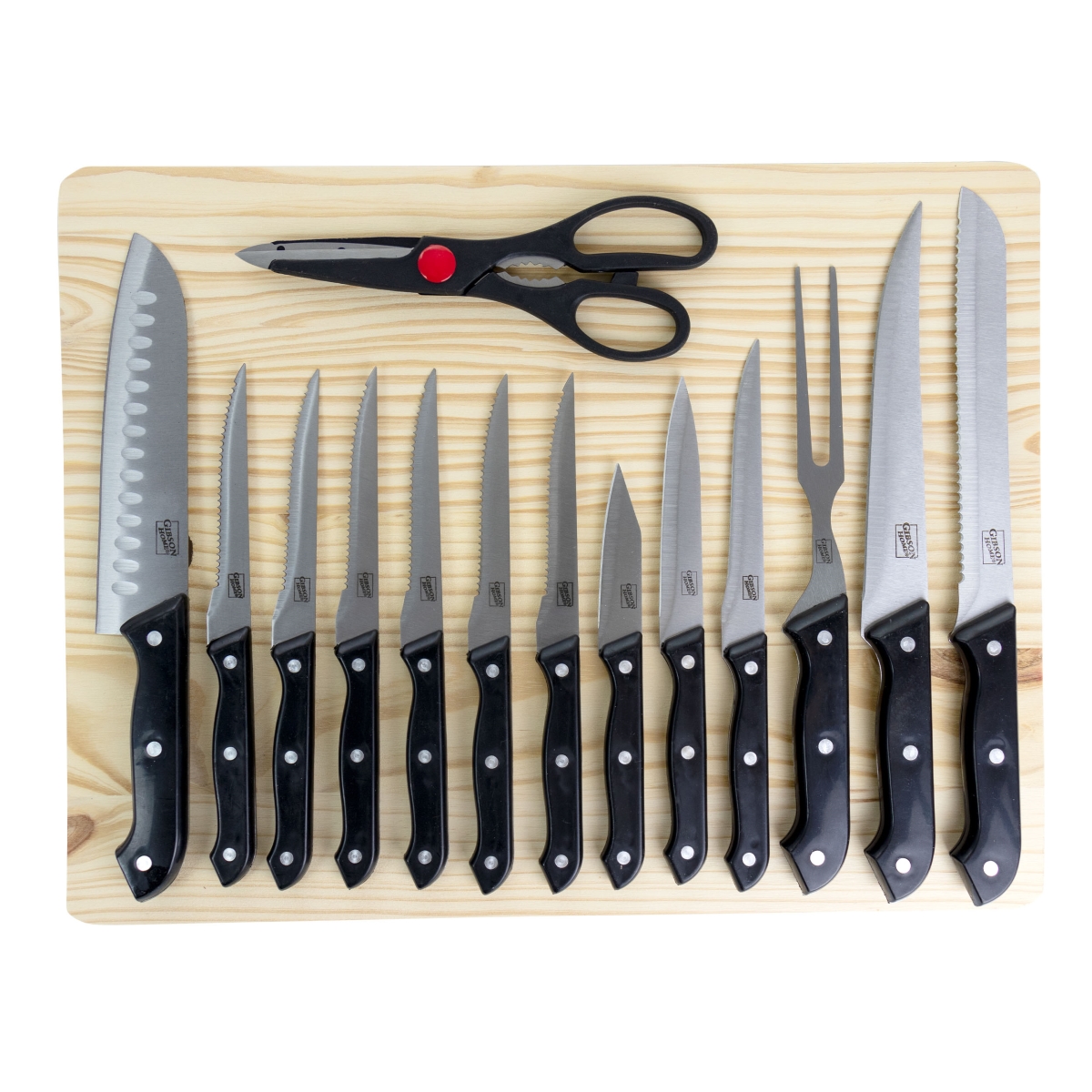 Picture of Gibson Home 127514.15 Wildcraft Stainless Steel Cutlery Set with Pine Wood Cutting Board, 15 Piece