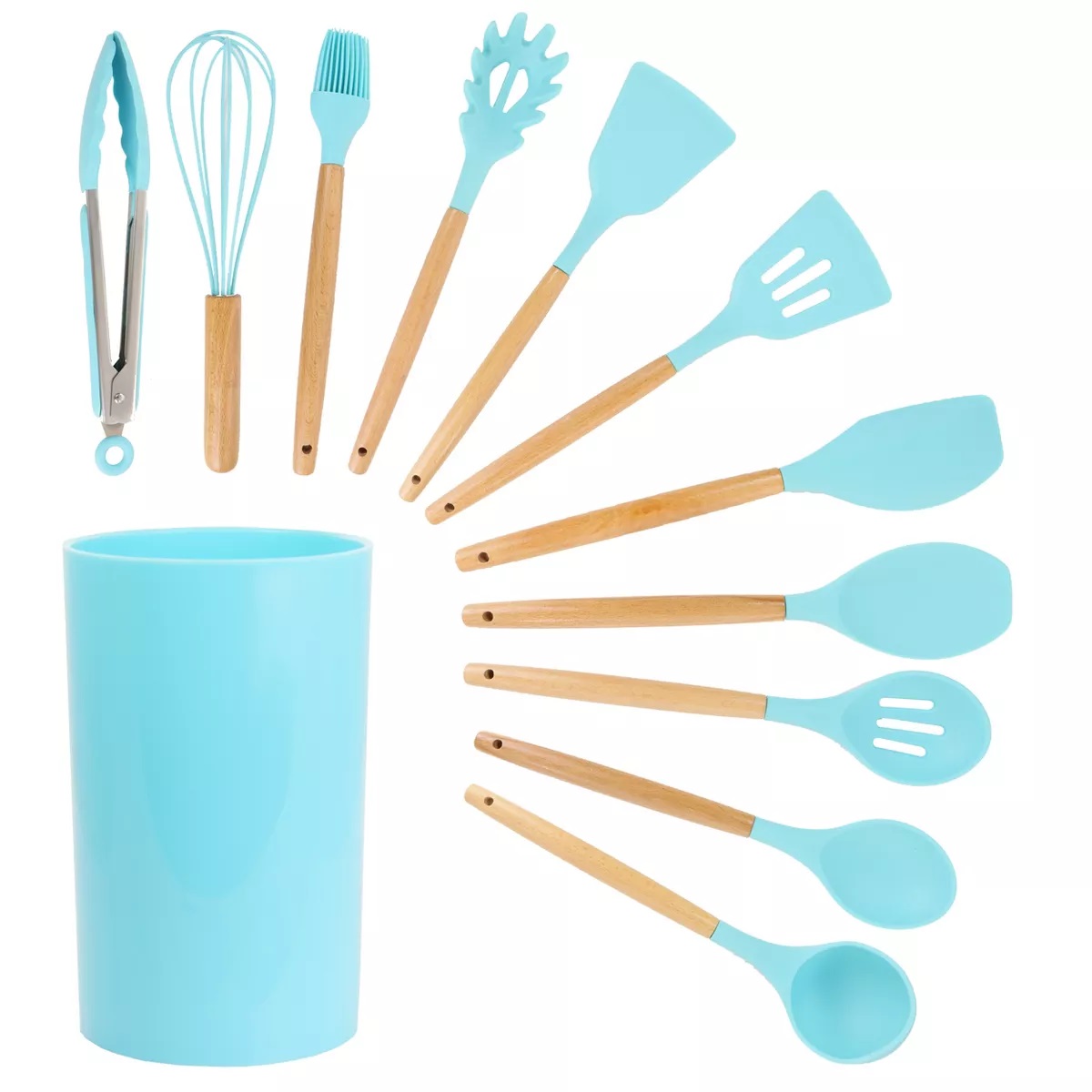 Picture of Megachef MGSP-560 Silicone & Wood Cooking Utensils, Light Teal - Set of 12