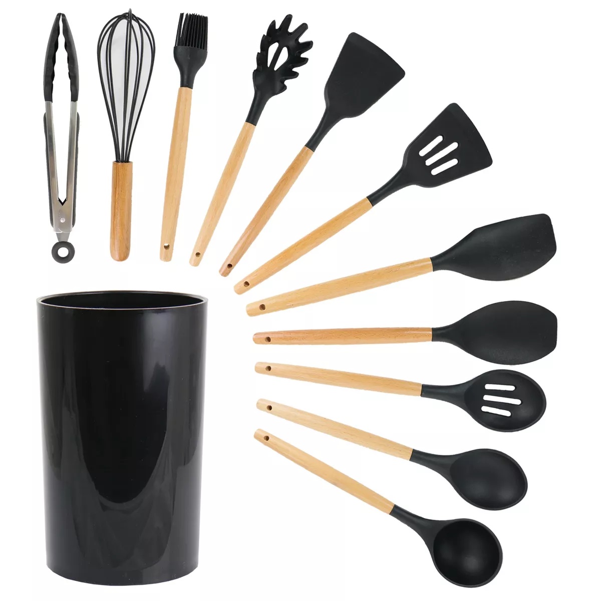 Picture of Megachef MGSP-590 Silicone & Wood Cooking Utensils, Black - Set of 12