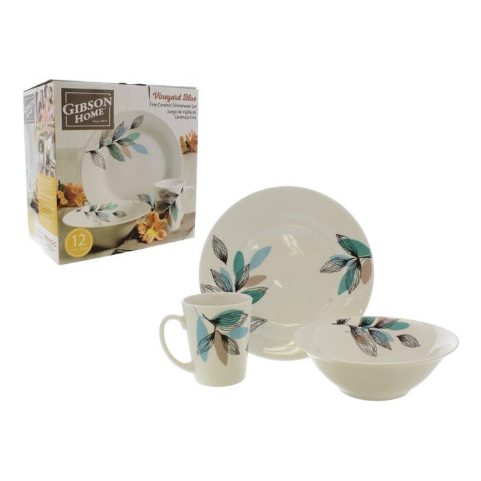 Vineyard Round Fine Ceramic Dinnerware Set, Blue - 12 Piece
