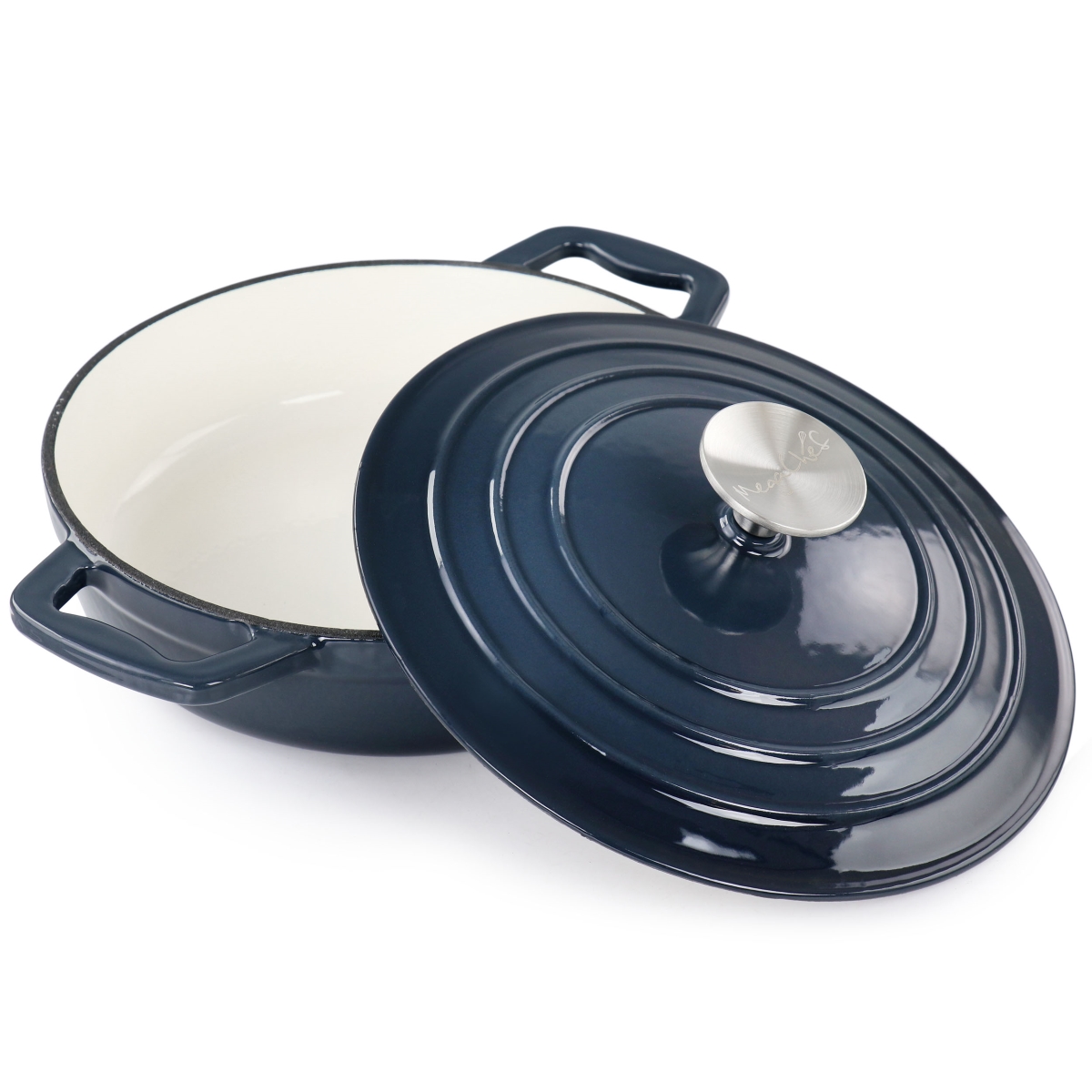 MG-BRS22DB 2 qt. Round Enameled Cast Iron Braiser Pan, Dark Blue