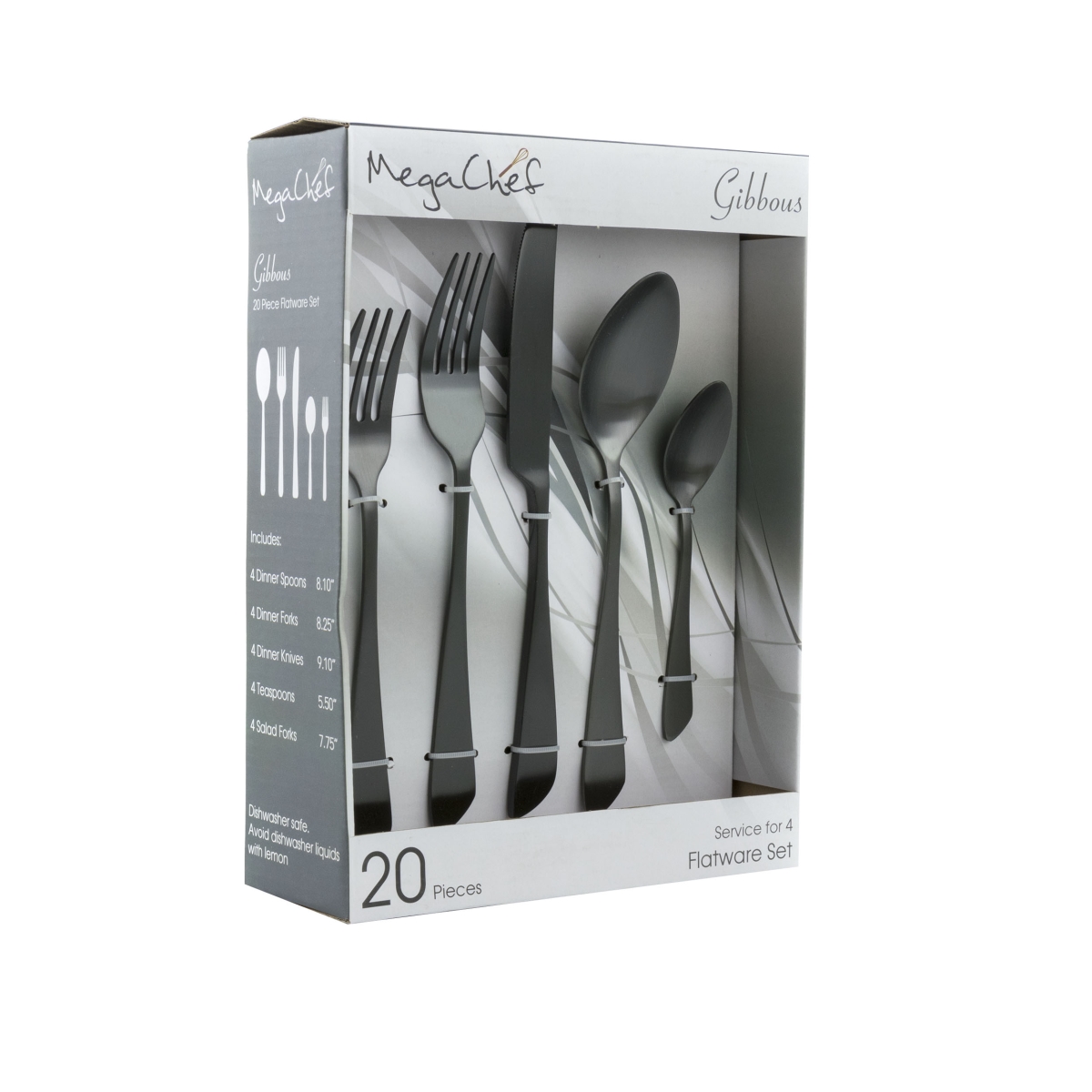 Picture of MegaChef MCFW-GIBBOUS-BLACK Stainless Steel Silverware Metal Gibbous Flatware Utensil Set, Black - 20 Piece