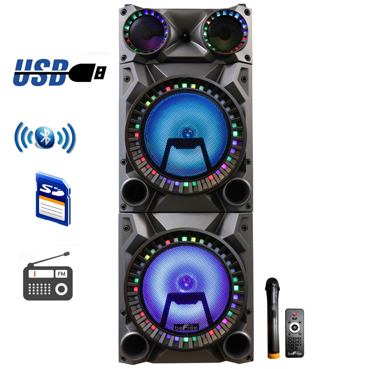 BFS-9160 12 in. Rechargeable Bluetooth Double Subwoofer Portable Party Speaker -  BEFREE