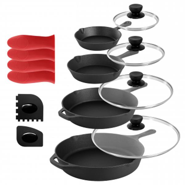 Picture of Megachef MCCI-7400 Cast Iron Skillet Set with Tempered Glass Lids & Silicone Holder - 13 Piece