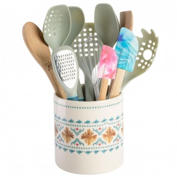 Picture of Spice by Tia Mowry 96258.12 Savory Saffron Wood & Nylon Kitchen Tool Set with Ceramic Crock - 12 Piece