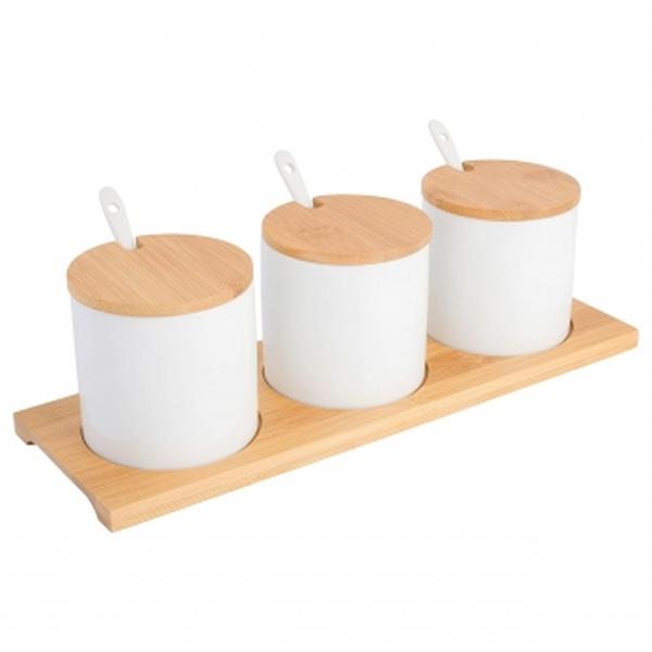 Picture of Gibson 134307.10R Gracious Dining Fine Ceramic Condiment Jars with Bamboo Lids & Spoons, White - 10 Piece