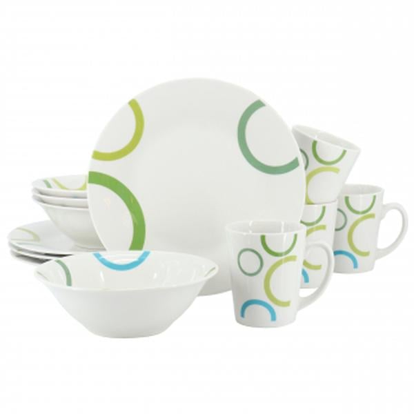 Picture of Gibson Home 142754.12 Green Loops Round Fine Ceramic Dinnerware Set, White - 12 Piece