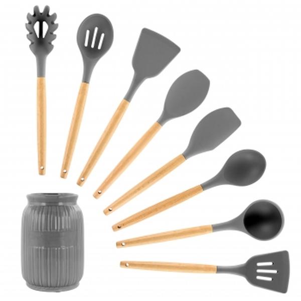 Picture of Megachef MGSP-450 Grey Silicone & Wood Cooking Utensils - Set of 9