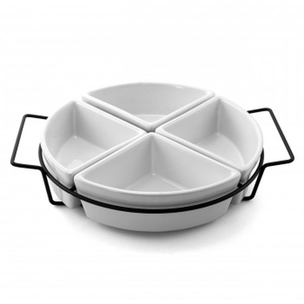 Picture of Gibson 92605.05 Gracious Fine Ceramic Dining Four Section Tray Set with Metal Rack, White