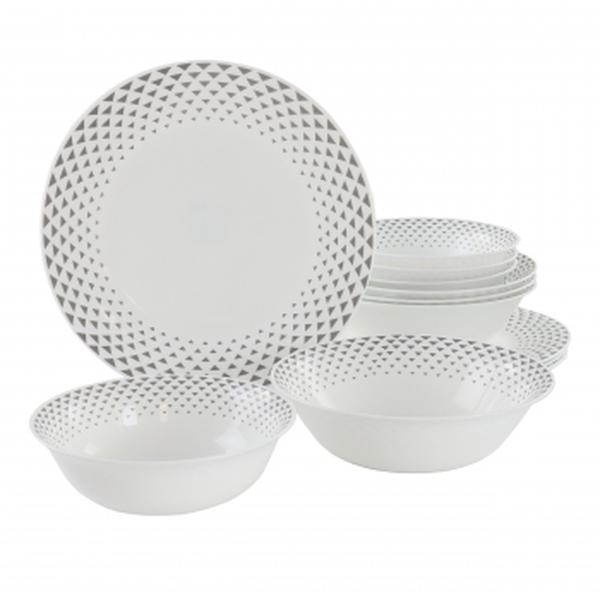 Picture of Ultra by Gibson 138949.12 Cane Peak Opal Glass Dinnerware Set with Grey Accents, White - 12 Piece