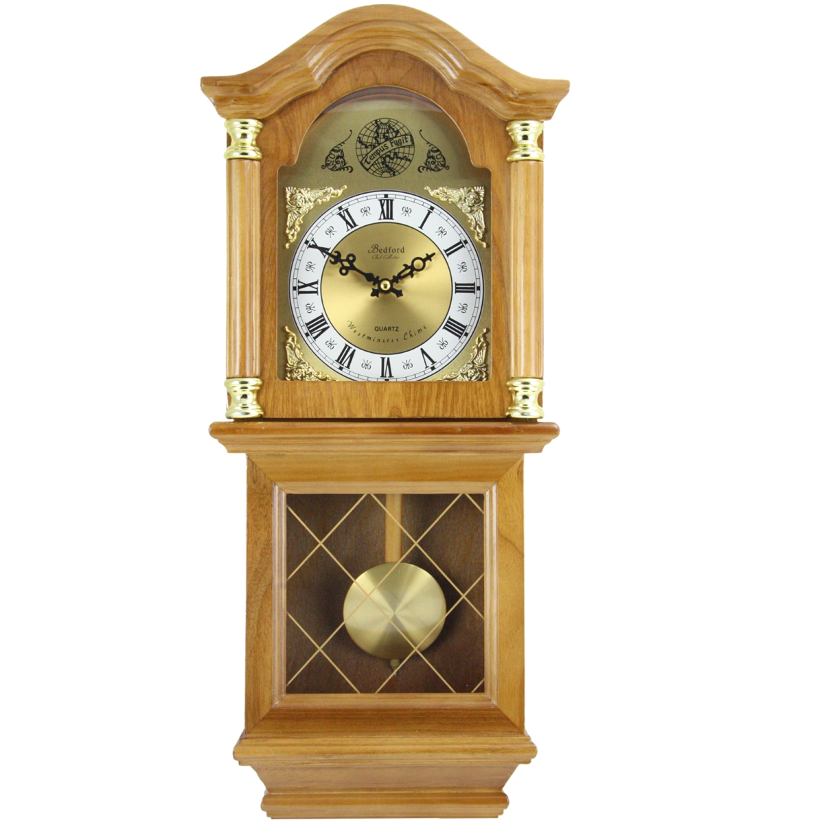 Picture of Bedford Clock Collection BED-7074 26 in. Classic Golden Oak Chiming Wall Clock with Swinging Pendulum