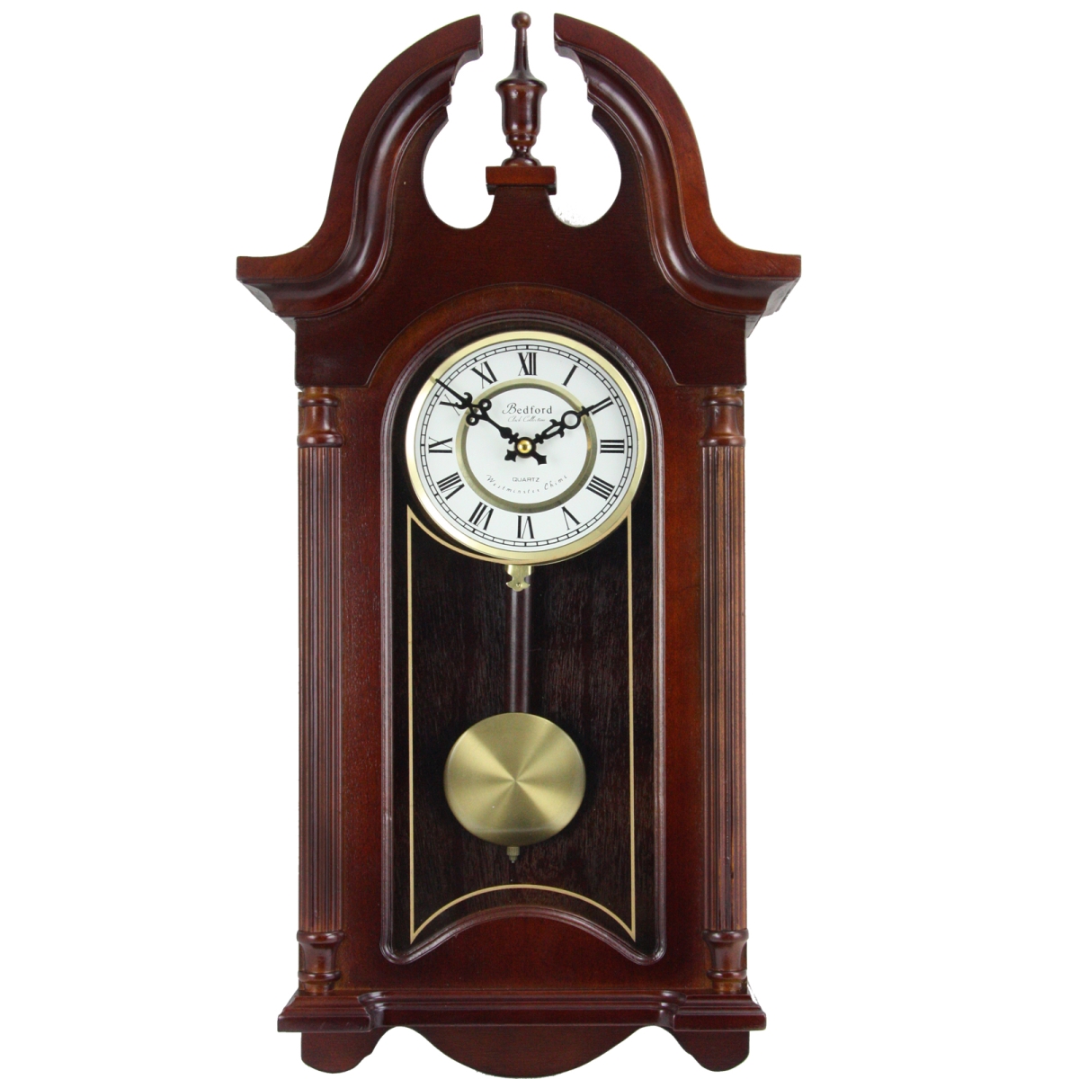 BED-1915 26.5 in. Colonial Mahogany Cherry Chiming Wall Clock with Roman Numerals, Oak Finish