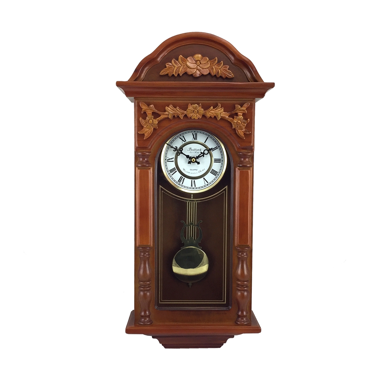 Picture of Bedford Clock Collection BED-9014 27.5 in. Antique Chiming Wall Clock with Roman Numerals&#44; Oak Finish