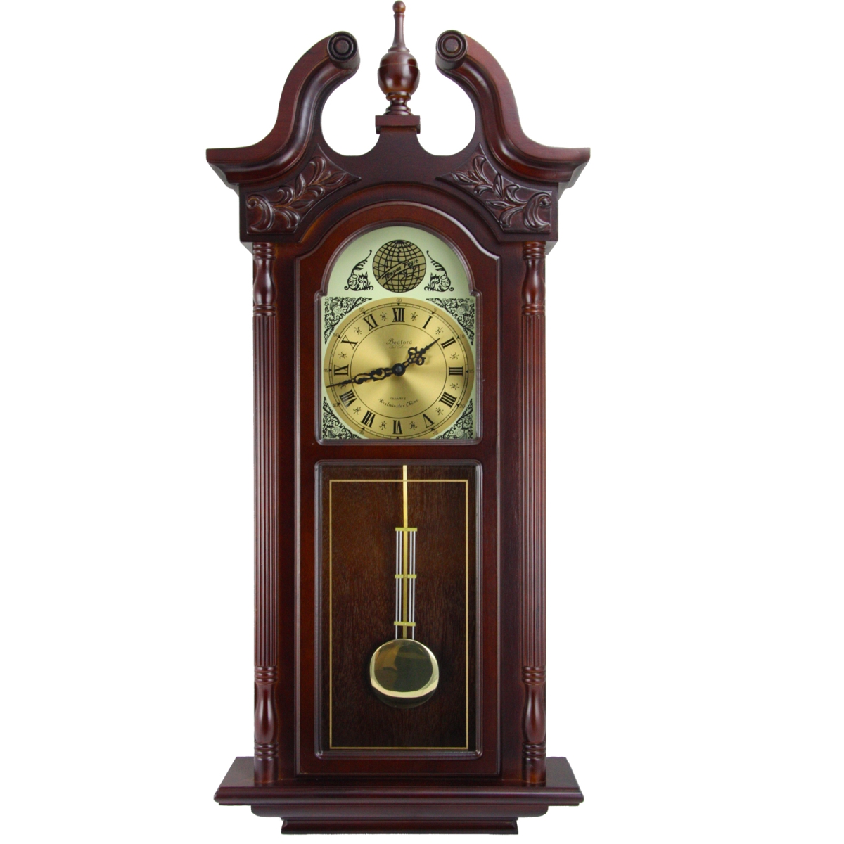 Picture of Bedford Clock Collection BED-7710-RB 38 in. Grand Antique Colonial Chiming Wall Clock with Roman Numerals, Oak Finish