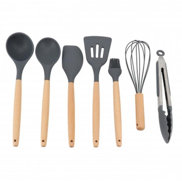 Picture of Gibson Home 137356.07 Holton Silicone Beech Wood Kitchen Tool Set&#44; Grey - 7 Piece