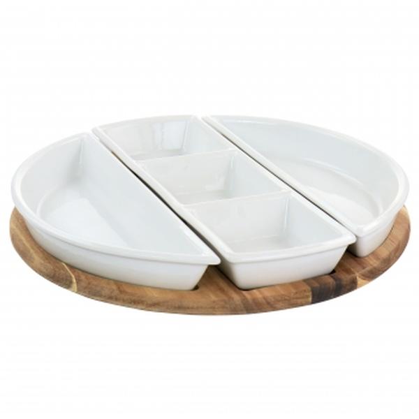 Picture of Gibson Elite 127270.04 Gracious Dining Fine Ceramic Sectional Tray Set with Acacia Wood Base - 4 Piece