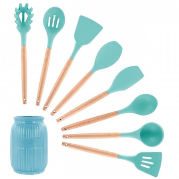 Picture of Megachef MGSP-465 Light Teal Silicone & Wood Cooking Utensils - Set of 9
