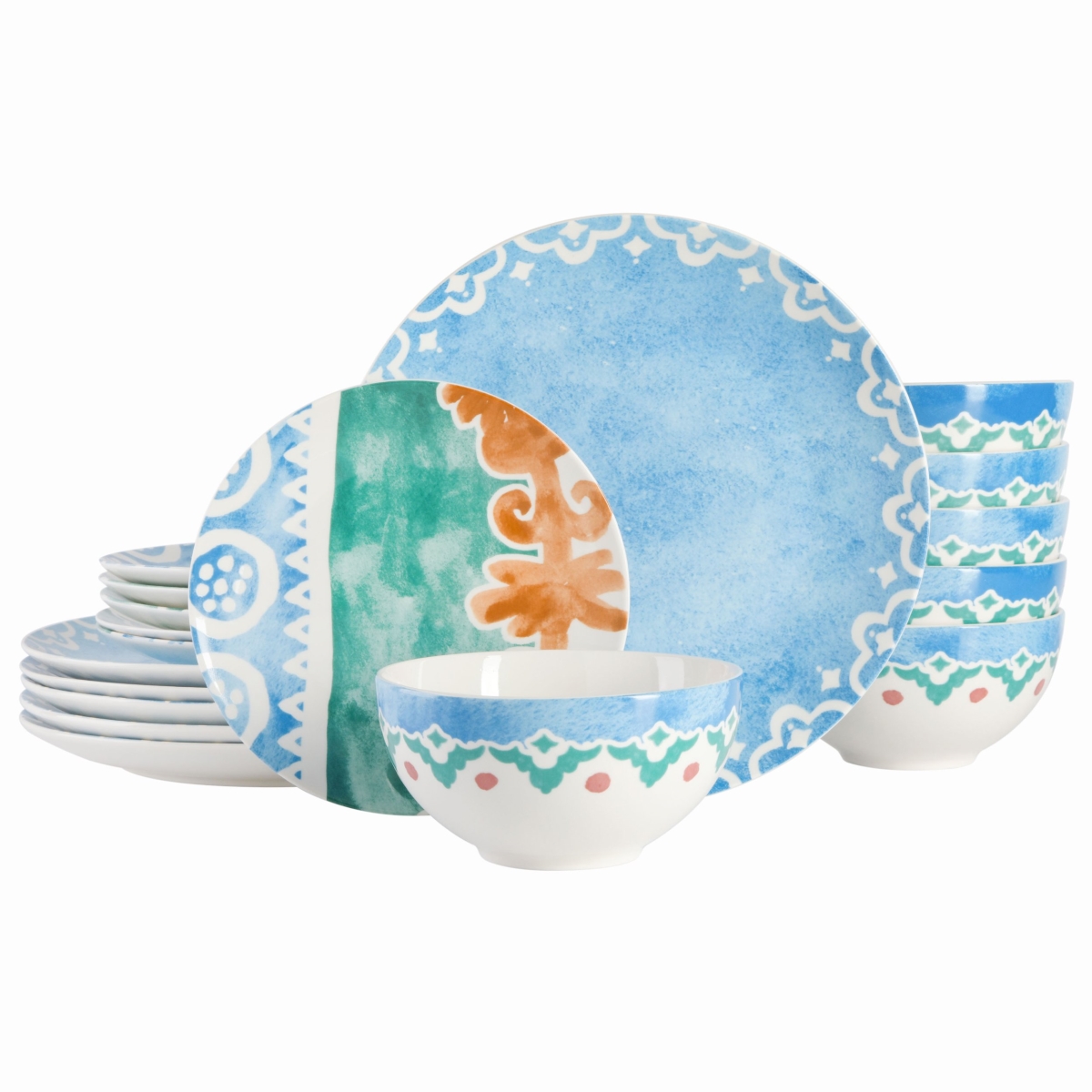 Picture of Spice by Tia Mowry 77551.18R Savory Saffron Round Fine Ceramic Dinnerware Set, Golden Blue - 18 Piece