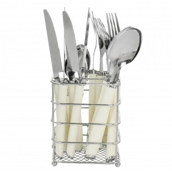 Picture of Gibson Everyday 82673.16 Fairfield Flatware Set with Wire Caddy in Egg Shell - 16 Piece