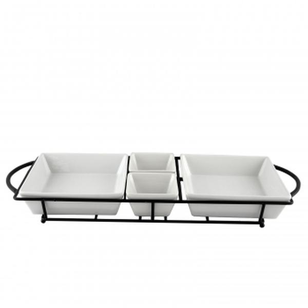 Picture of Gibson 92707.05 Gracious Dining Serving Set with Porcelain & Metal Rack, White - 5 Piece