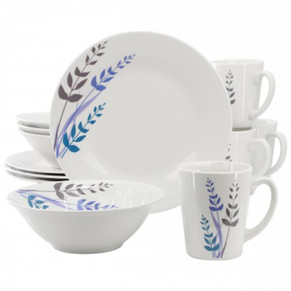 142755.12 Blue Leaves Round Fine Ceramic Decorated Dinnerware Set, White - 12 Piece