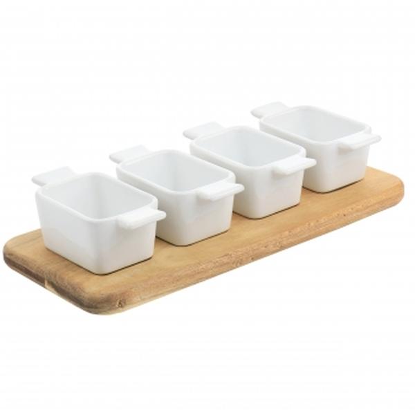Picture of Gibson Elite 127271.05 Gracious Dining Fine Ceramic Tidbit Dish Set with Acacia Wood Base - 5 Piece
