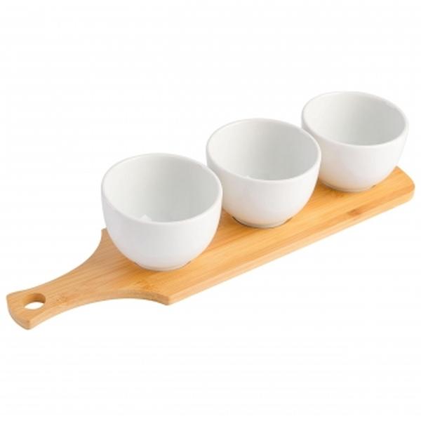 Picture of Gibson 134308.04R Gracious Dining White Fine Ceramic Tidbit Bowl Set with Bamboo Serving Tray - 3 Piece