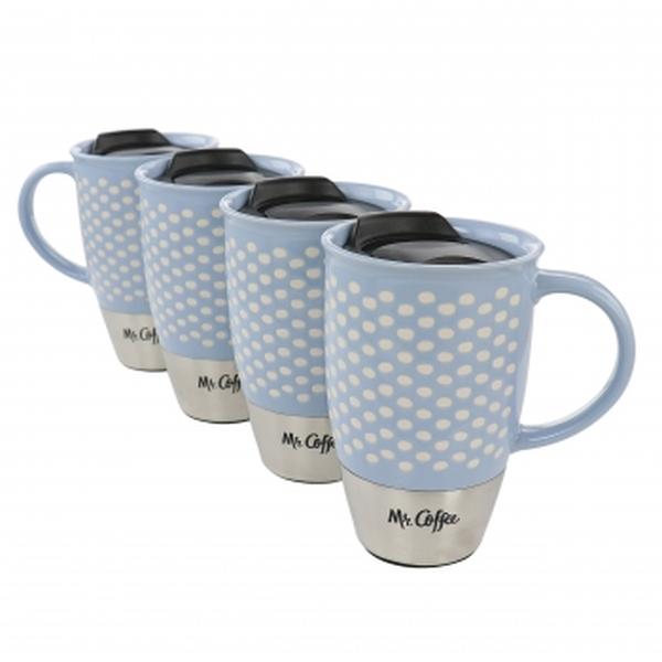 Picture of Mr. Coffee 138933.01 15 oz Coupleton Dot Sto are & Stainless Steel Travel Mug Set with Lid, Blue - 4 Piece