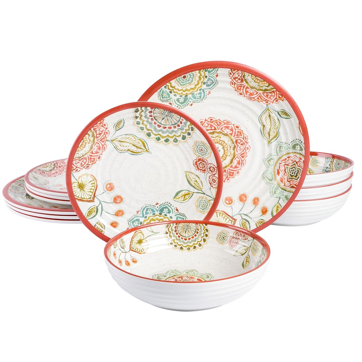 Picture of Laurie Gates 123197.12R Brick Floral Ripple Melamine Dinnerware Set, Red - 12 Piece