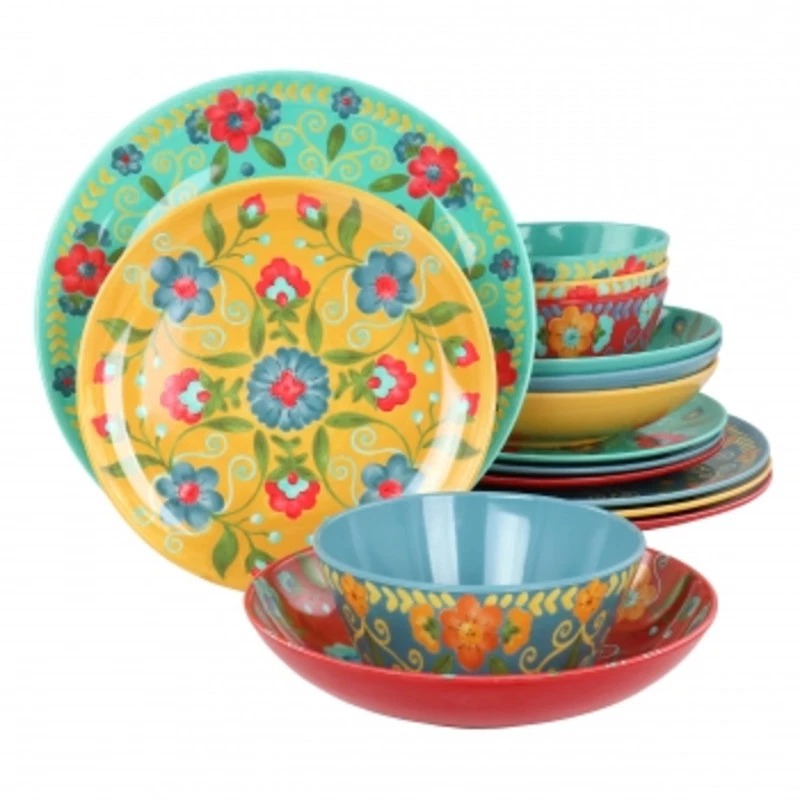Picture of Laurie Gates 140738.16 California Designs Elena Amour Floral Round Melamine Dinnerware Set - 16 Piece