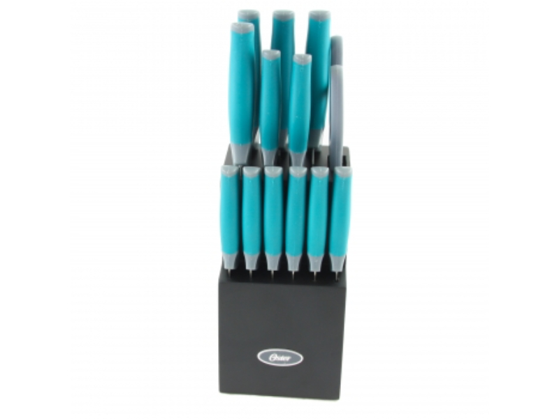 Picture of Oster 81007.14 Lindbergh Stainless Steel Cutlery Set with Wooden Block&#44; Teal - 14 Piece