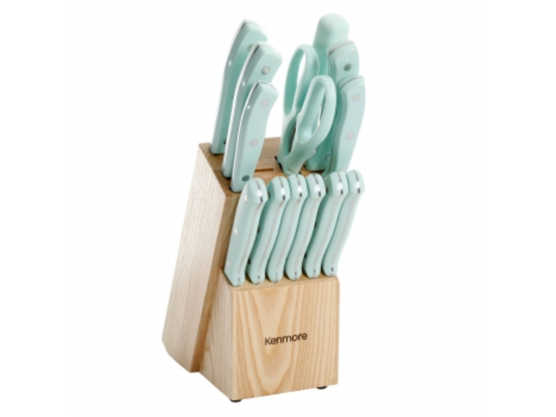 Picture of Kenmore 127622.14 Kane Stainless Steel Cutlery Set with Rubber Wood Block&#44; Glacier Blue - 14 Piece