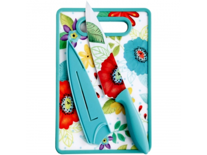 Picture of STUDIO CALIFORNIA 112065.03 Studio California Jordana Cutlery Knife & Cutting Board Set in Turquoise Floral Pattern - 3 Piece