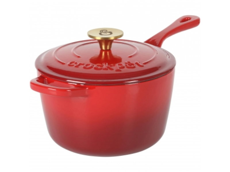 Picture of Crock Pot 137367.02 3 qt. Artisan Enameled Cast Iron Sauce Pan with Lid&#44; Red & Gold