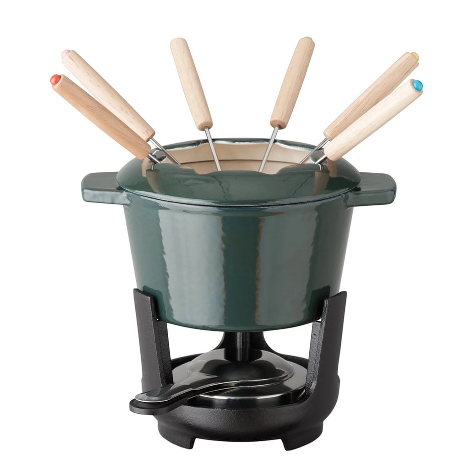 Picture of Our Table 97252.13 Enameled Cast Iron Fondue Pot Set in Sycamore&#44; Black - 13 Piece