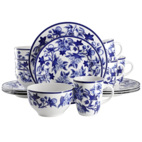 Picture of Elama EL-CATTLEYA-ORCHID Cattleya Orchid Round Porcelain Dinnerware Set in Blue & White - 16 Piece