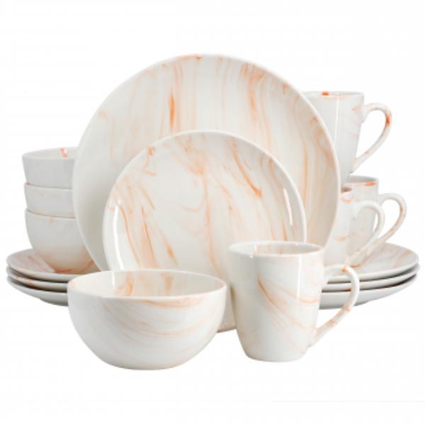 Picture of Elama EL-FINEMARBLE-O Fine Marble Porcelain Dinnerware Set in Orange - 16 Piece